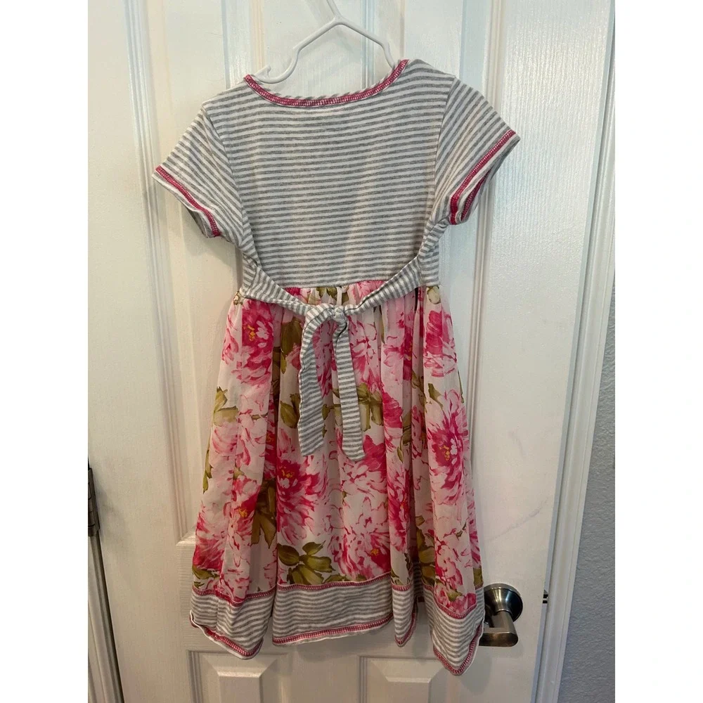 Iris & Ivy Dress Pink Floral Striped 3D Flower Tie Back R62808-DS 6X bin‎ A